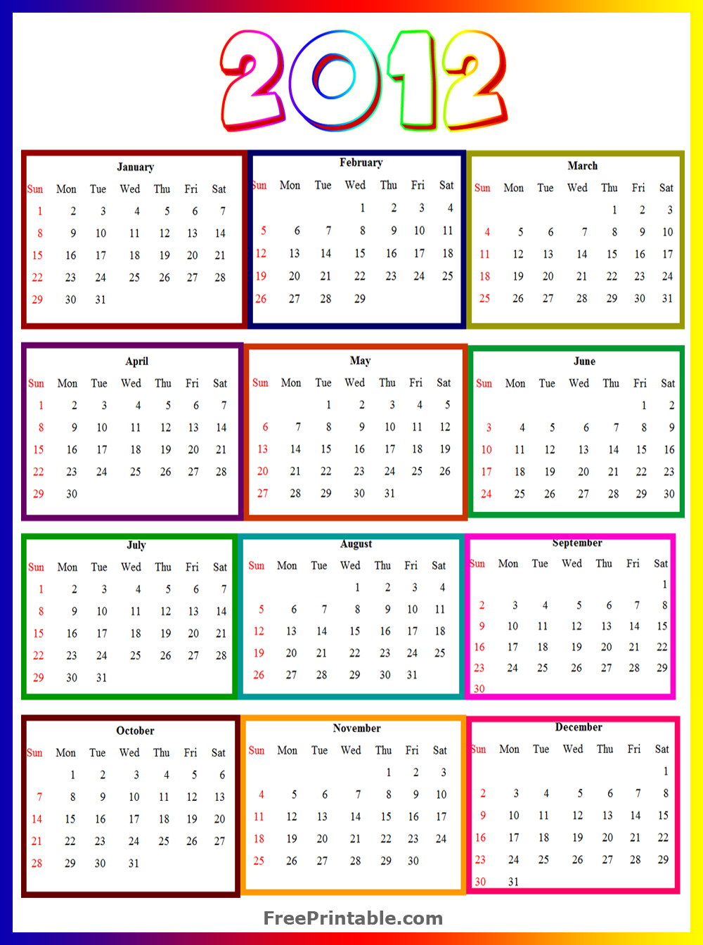Free Templates Calendars 2012