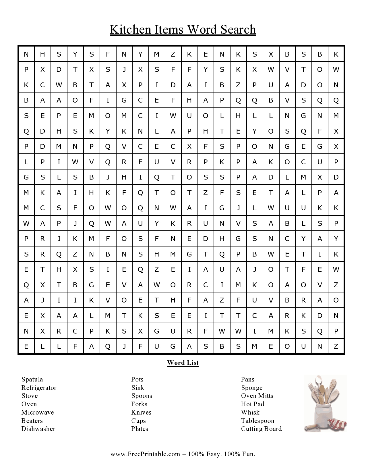 Customize Your Free Printable Kitchen Items Word Search