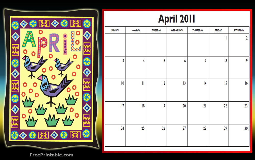 april 2011 calendar with holidays printable. Free 2011 Calendar with