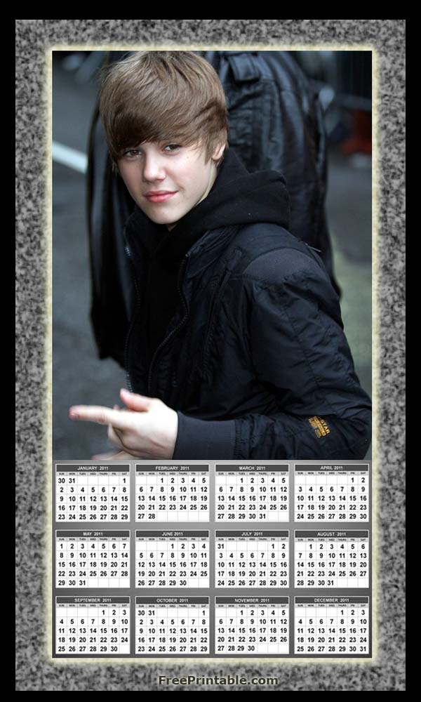 Justin Bieber 2011 Calendar April. Print - Justin Bieber in Black