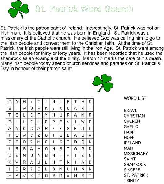 Word Search Games For St Patricks Day