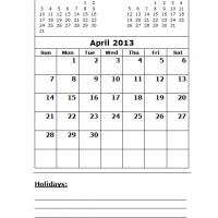 April 2013 Calendar with Holidays