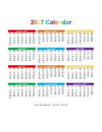 2027 Calendar Rainbow Colors