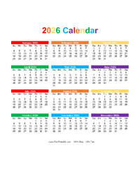 2026 Calendar Rainbow Colors
