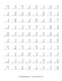 Negative Numbers Subtraction 1-20