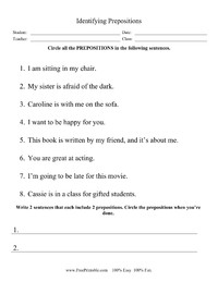 Identifying Prepositions Worksheet